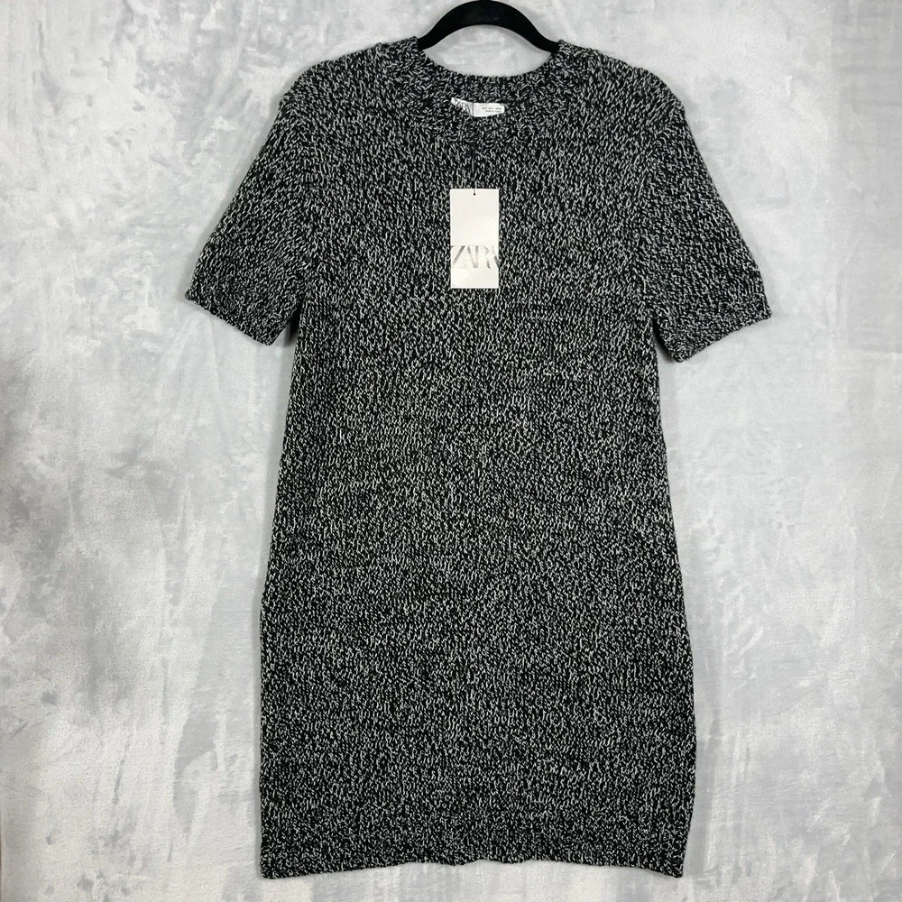 Zara Mini Shift Dress NWT Womens L Black Marled Short Sleeve Knit Sweater Office